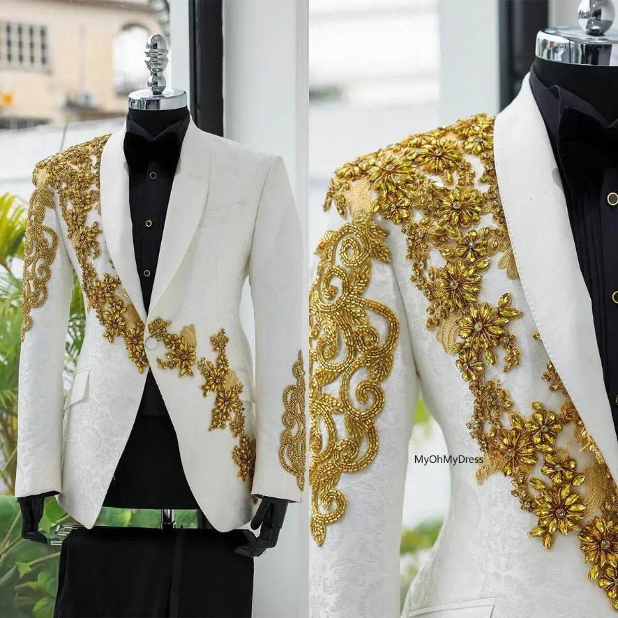 Modern Men's Vintage Wedding Crystal Beading White Shawl Lapel Blazer Single Breasted 2 Pieces Set Groom Prom Party Birthday Custome Size Bl