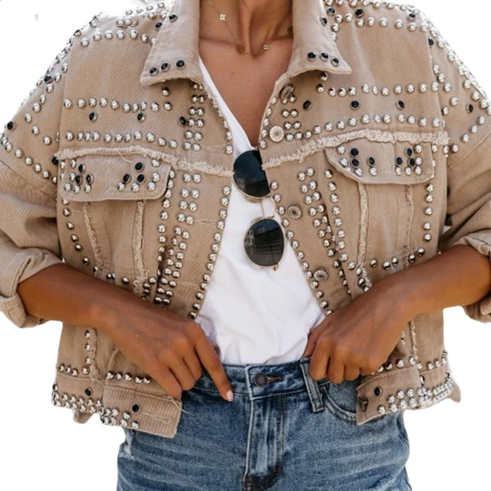 Vestes en jean rivet pour les femmes Locomotive Locomotive Collier Single Breasted Vintage Full Streetwear 250919