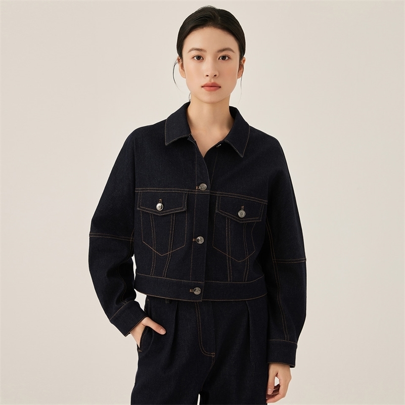 KL7523357 Womens Classic Dark Denim Jacket Long Sleeved Button Front Closure Chest Pockets Fall Fashion 250918