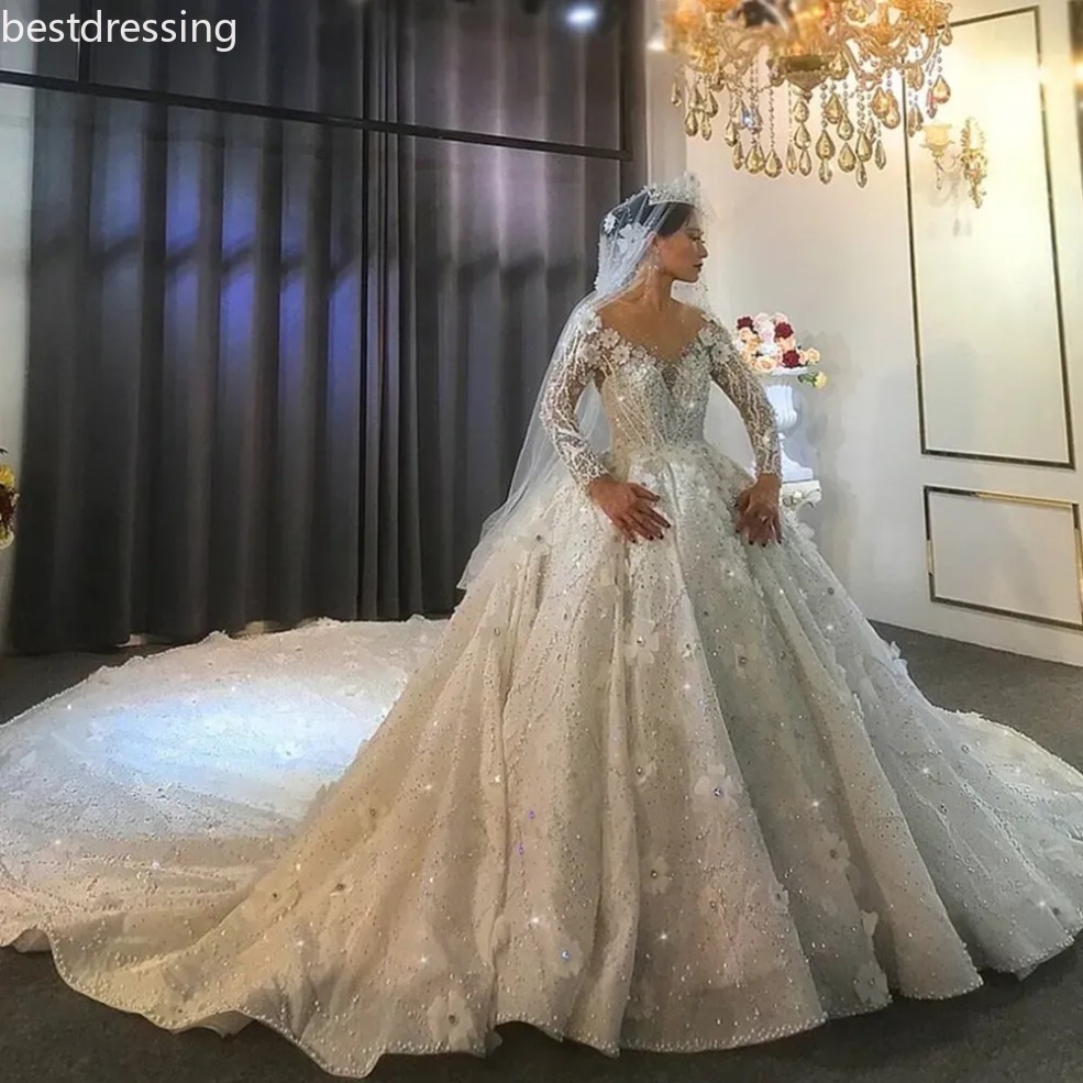 Luxury Floral Beads Wedding Dresses Illusion Lace Sequins Bridal Gowns Long Sleeves Crystals Pearls Brides Dress Robes 3D Floral Brides Gowns Vestid