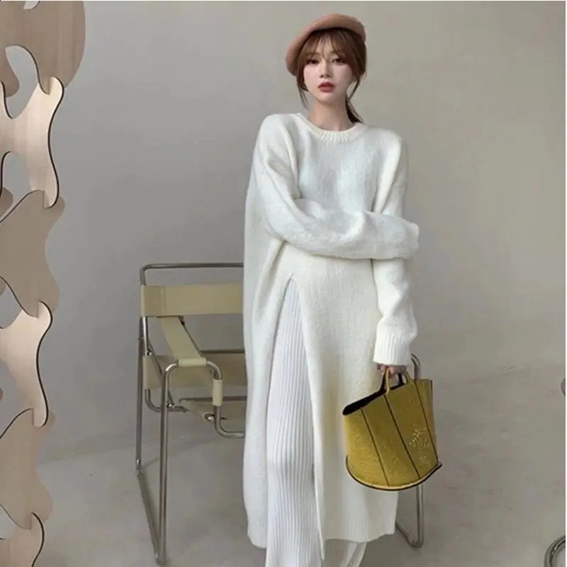 Advanced and lazy style pullover side slit knitted dress for women irregular slimming base knee length sweater long skirt 250919
