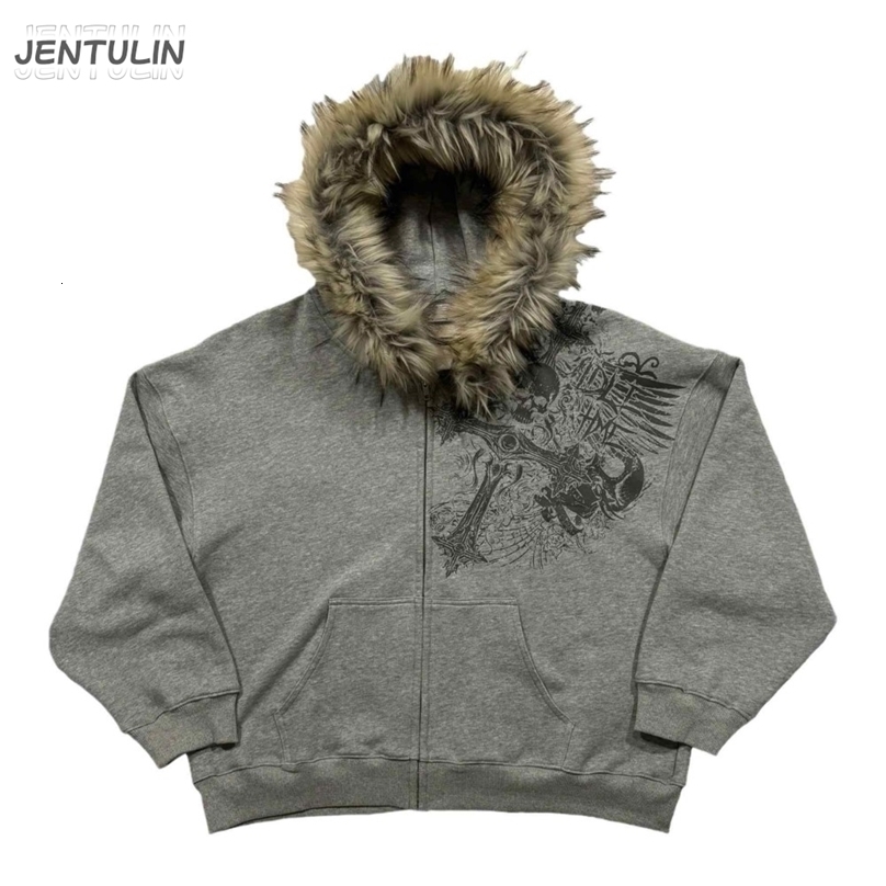 Y2K Retro Zip up Hoodie Faur Collar Harajuku Streetwear Hip Hop Zipper Sweatshirt Hoodies Unisex Rock Goth Loose Punk EMO Jacket250918