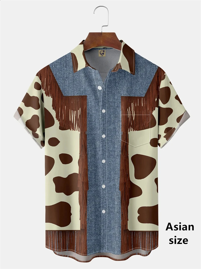 Retro Western Cowboy Printed Shirts For Men Summer Casual 3D Denim Pattern Mens Hawaiian Shirt Fashion Button Up Tops 250919