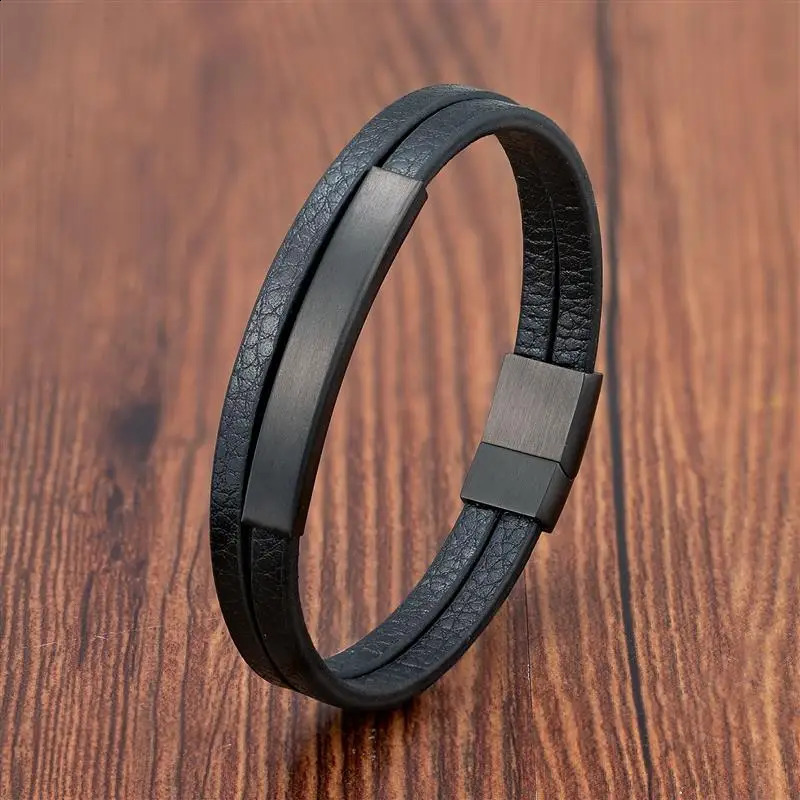 Simple Style Mens Black Genuine Leather Bracelet Classic Stainless Steel Insert Doublelayer Braid Bangles For Men 250919