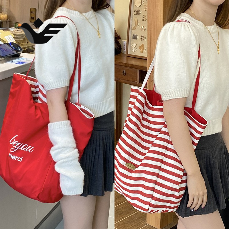 Feiyan Free Shipping New Designer Bag Striped Canvas Bag 2025 Korean Style Ins Tote Casual Bag Single Shoulder Large Capacity Tote Shopping Bag
