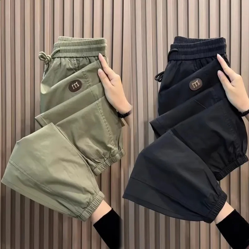 Ice Silk Mens Summer Thin Loose Harlan Nine Points Casual Sports Pants Elastic Waist Polyester Fiber Qui Dry Trendy 250919