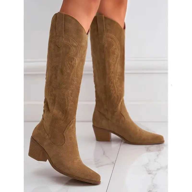 Size 3543 Women Knee High Boots Fashion Design Embroider Western Cowboy Shoes Autumn Winter Pointed Toe Low Heels Booties W250919
