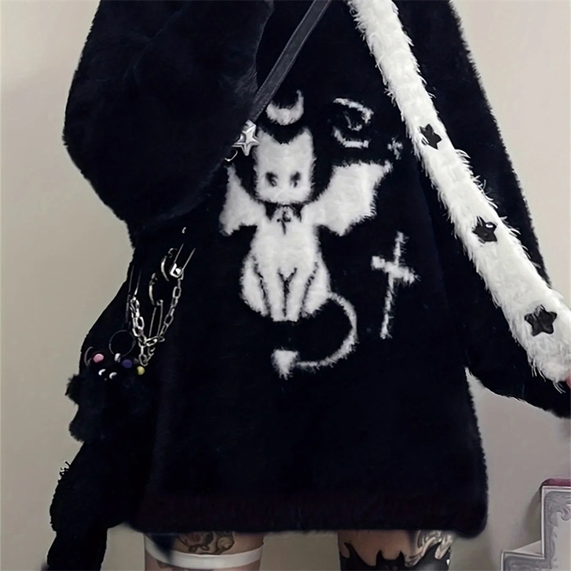 Harajuku Gothic Casual Oversized Knitted Jumpers Grunge Cartoon Sweater Fashion Knitwear Y2k Aesthetic Balack Loose Pullover250918ww