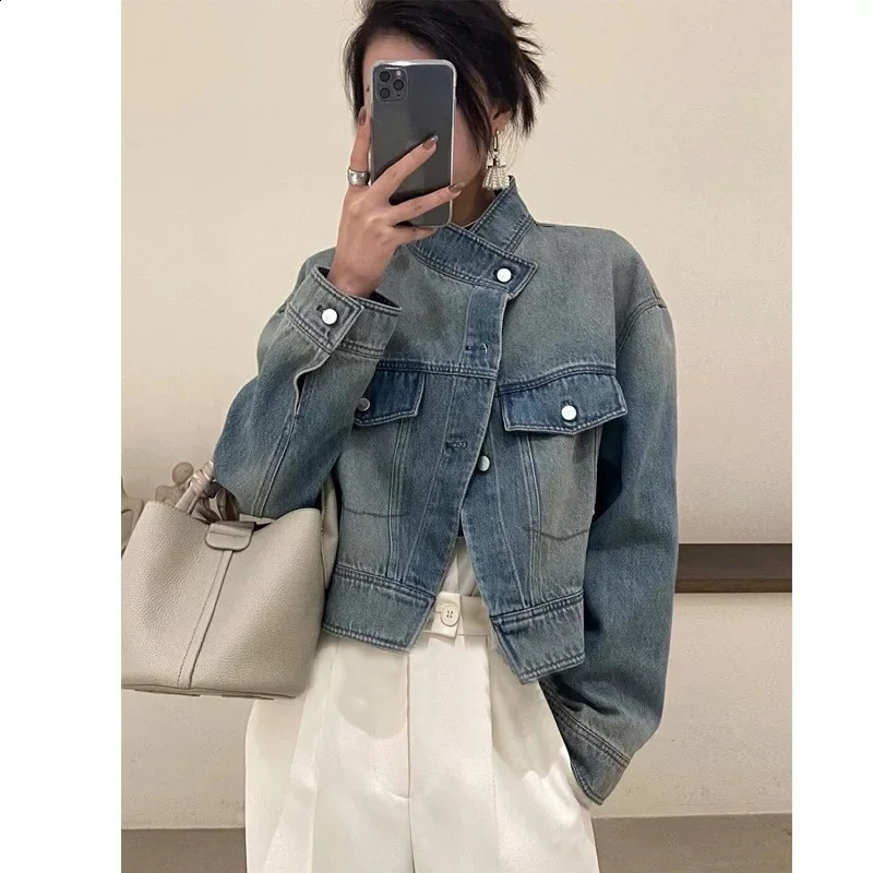 Leaning on a Vintage Stand Collar Open Cardigan Denim Jacket Womens Single Button Autumn Fashion Style Versatile 250919