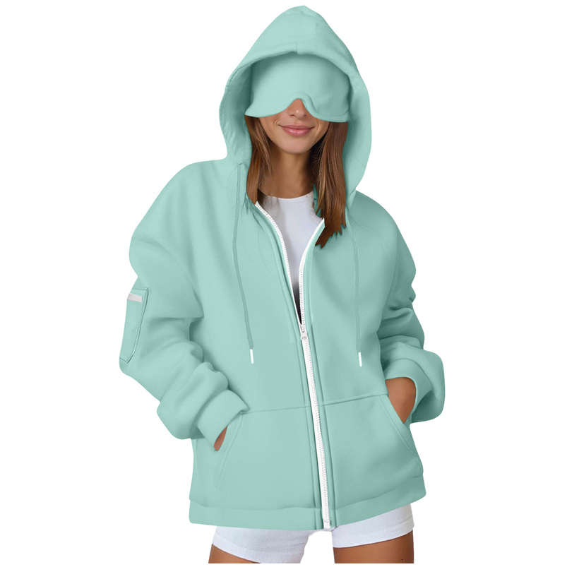 Womens Oversized Hoodies With Eyemask Solid Color Long Sleeve Multi Pockets Zipper Jackets Autumn Winter Harajuku Sweatshirts 250919