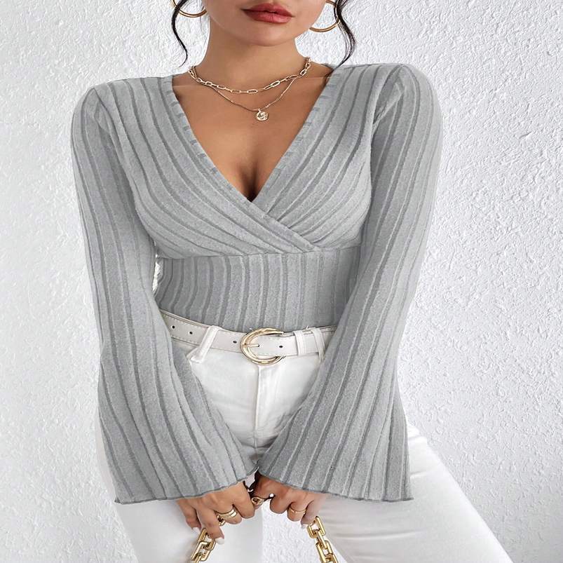 autumnWinter Vneck solid color sexy fashion n sense slim long sleeve knitted womens Tshirt 250919