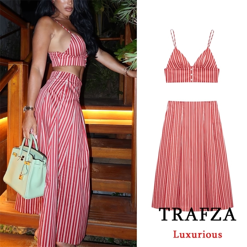 Trafza Sexy Striped Print Femmes Suits en V Corons Corset Corset Shorts hauts hautes jupes en vrac Fashion 2025 Summer Beach Style Sets 250918