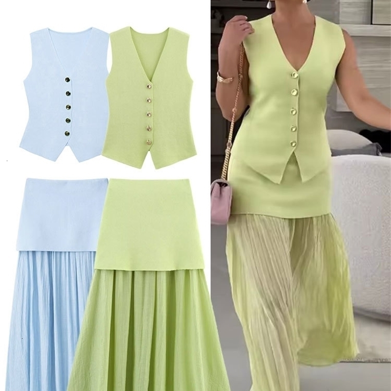 TRAFZA Elegant Knitted Patchwork Pleated Skirt Sets For Women Vneck Vest TopElastic Waist Solid Midi Skirt Woman Suits Outfits 250918