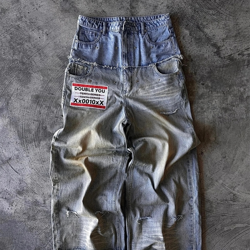 American rétro Double Cousage Jeans Bands Band Mens Y2k Harajuku Hiphop Gothic Casual Joker Pantalons larges Street Wear 250918