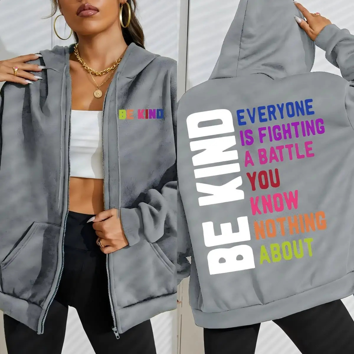 Be Kind Colorful Art Letter Printing Zipper Hoodies Women Soft Hip Hop Hoodie Fleece Loose Clothes Casual Street Woman Hoody 250918