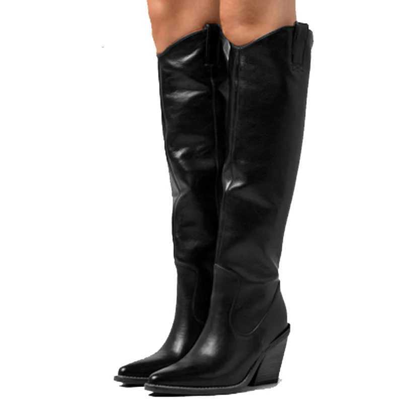 Nouveau orteil pointu côté zip bottes genoues pour femmes chevalier bottes hautes talons femmes occidentales bottes de cowboy femme botas de muje