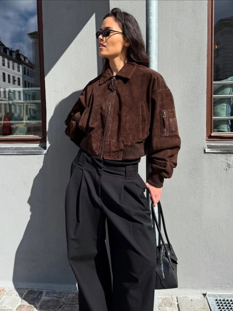 Solid Turndown Collar Suede Jacket Women Elegant Full Sleeve Zipper Patchwork coats Jackets Female Autumn Winter Chic Coats 250919