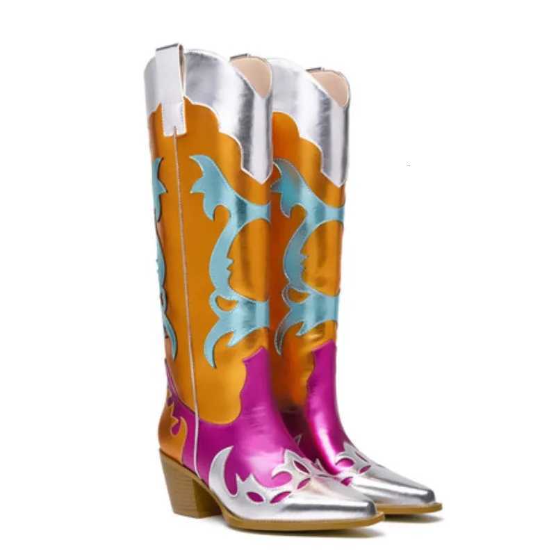 Bottes occidentales métalliques pour femmes avec toe pointu mi-call à hauteur genou