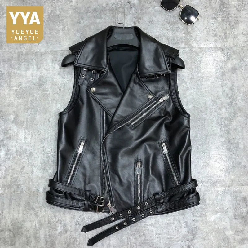 Sheepskin Biker Vest Women Street Zipper Punk Sleeveless Jacket OL Style 100 Real Leather Loose Short Waistcoat S3XL 250911