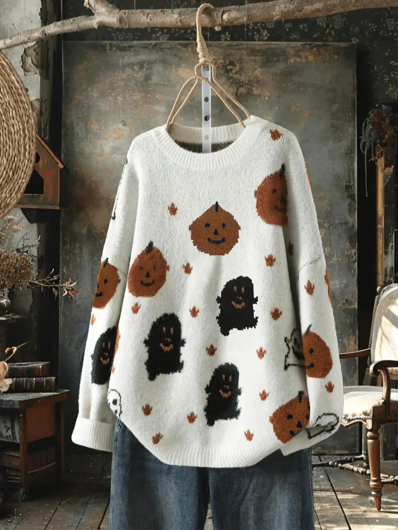 Plus Size Women Halloween Themed Drop Shoulder Sweater Ladies Casual Long Sleeve Round Neck Jumper Outdoor Wear Fall Winter 250919
