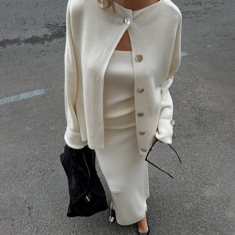 Tuularose 3 Piece Long Dress Set Autumn Knit Sleeve Cardigan Camisole Vest Slim Casual Elegant Womens 250919