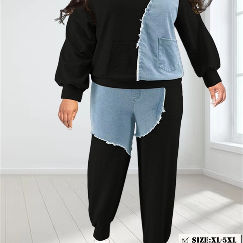 Winter Plus Size Women Clothing Hoodies Two Piece Set Patchwork Joggers Tracksuit Sweatsuit Matching Wholesale Drop 250918