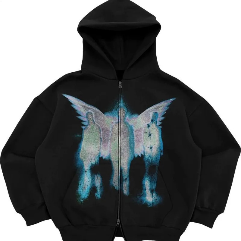 Street sports zipper printed cardigan street trend hooded sweatshirt fashion mens Y2K loose retro pocket sweatshirt 250919