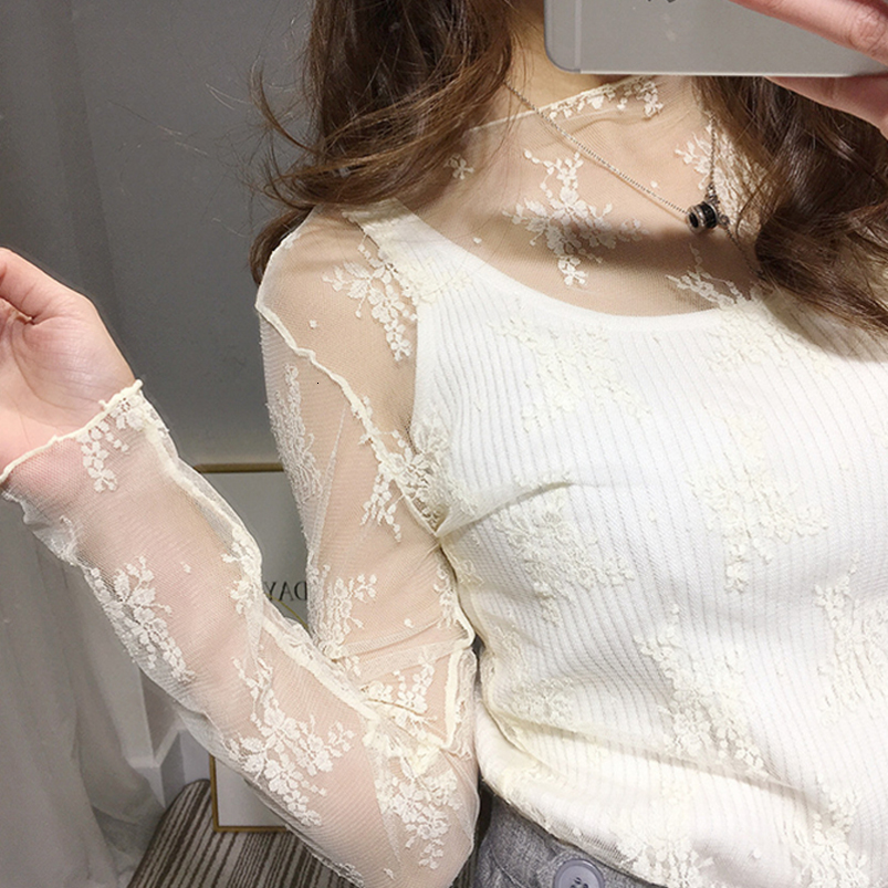 Fashion Women Sexy Long Sleeve See Through Mesh Fishnet Casual Top Tee Shirt Sheer Black White Lace Turtleneck TShirt 250919