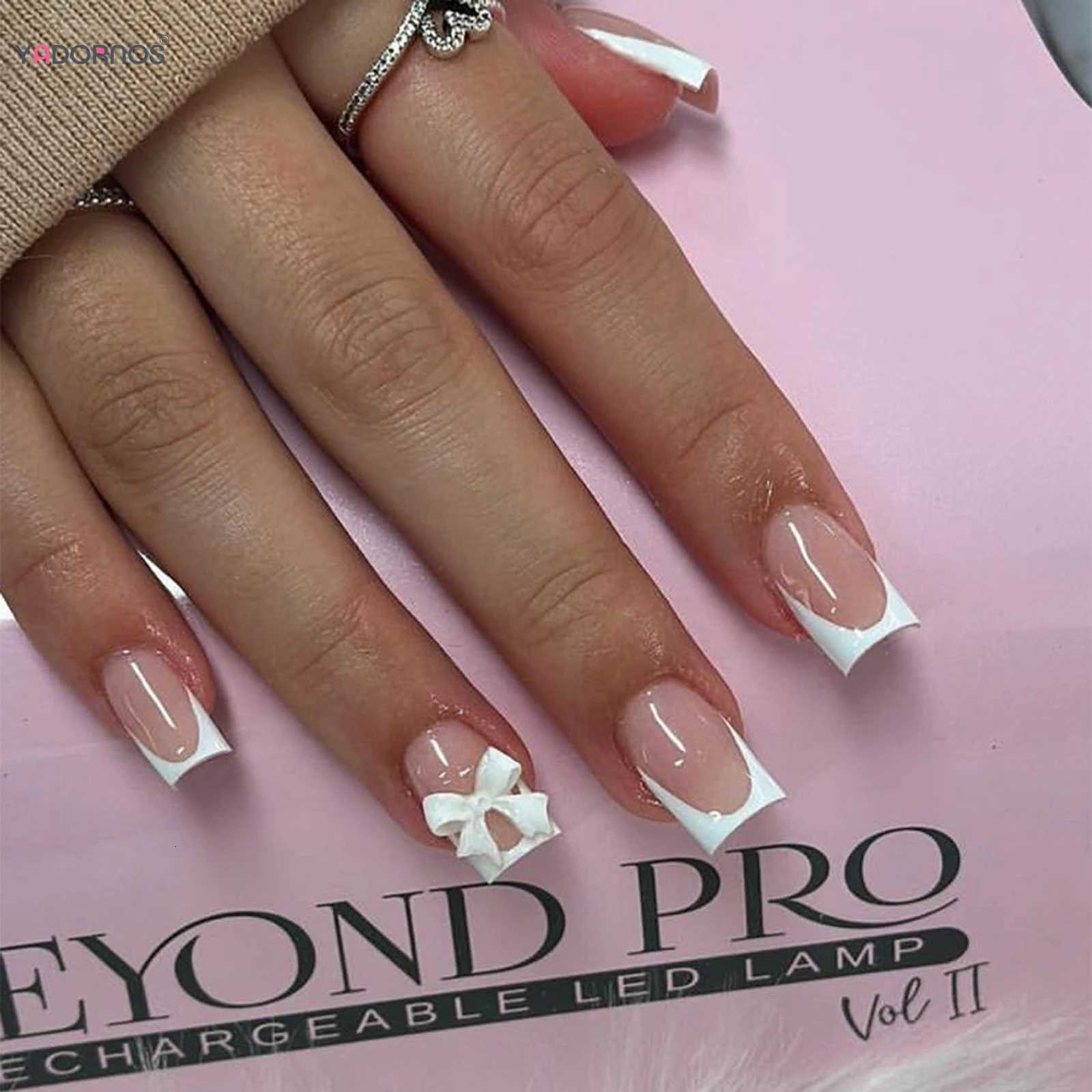 White French Press on Nails 3D Bowknot Designs Nude Color Fake Nails Wearable False Nails Tips for Women DIY Manicure 24Pcs W250919