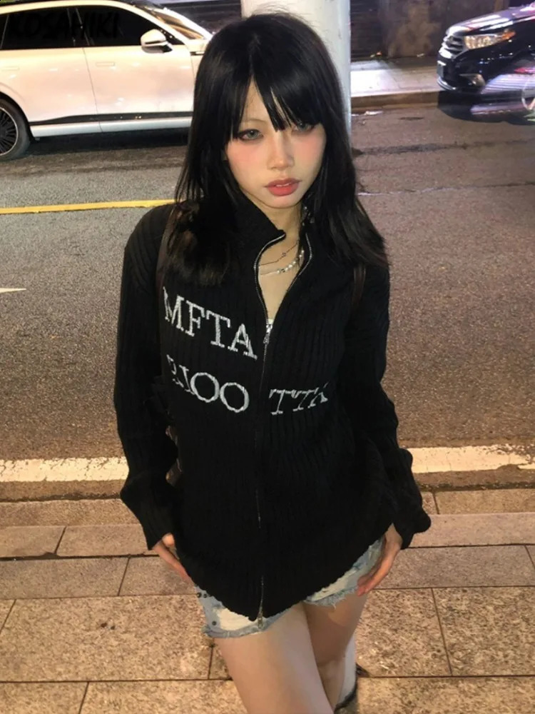Y2k Aesthetic Letter Jacquard Knitted Cardigan Women Vintage Double Zippers Jacket Harajuku Loose Sweater Coat Grunge Streetwear 250919