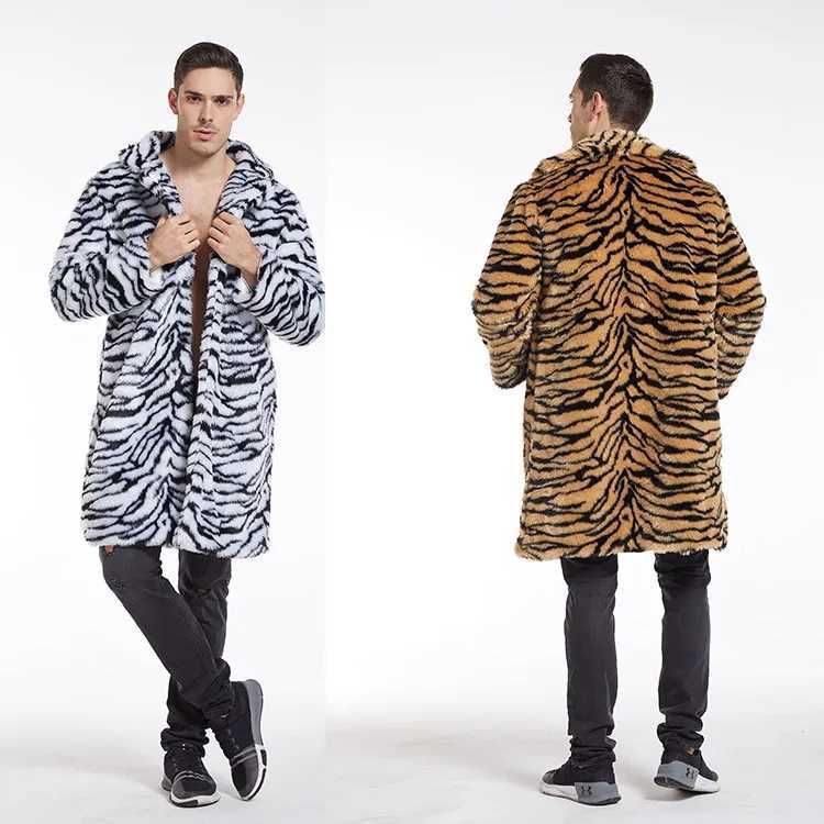 Hommes en fausse fourrure veste Tiger Leopard Mabille à imprimé moyen longueur épaisse hivernale chaude tour vers le collier extérieur vintage vi