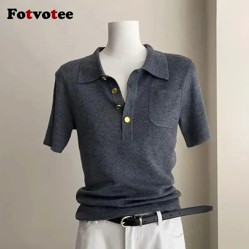 FOTVOTEE Pullovers for Women Polo Collar Short Sleeve Knitted Tops Spring Summer 2025 Fashion Female Comfortable Jumpers 250920