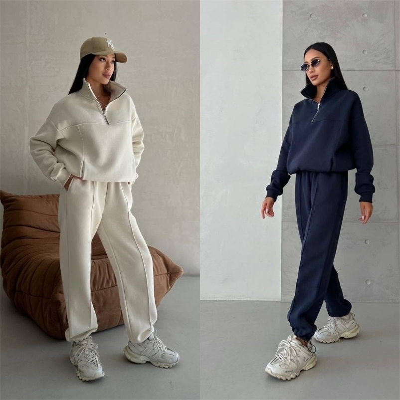 Automne Femmes Tracksuit avec fermeture éclair Cotton surdimensionné blanc décontracté en deux pièces Femmes Classic Sports Pantal