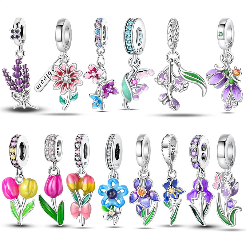 925 Sterling Silver Lavender Tulips Pansy Iris Charm Beads Colorful Flower Dangle Fit Original Bracelet DIY Jewelry Gift 250919