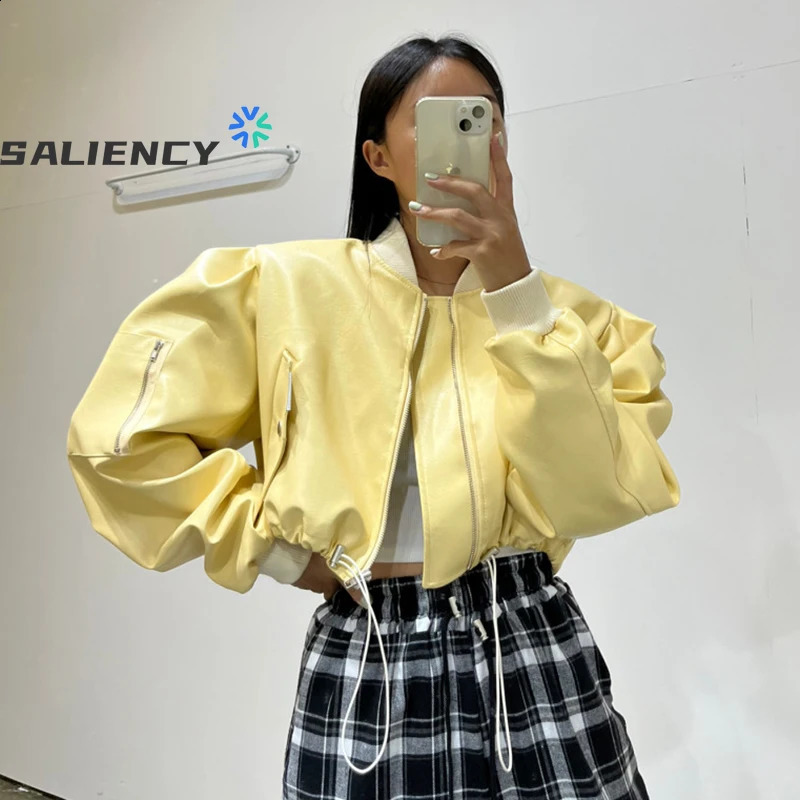 Gothic PU Leather Cropper Jacket for Women Zip Up Short Coats Fashion High Street Drawstring Bomber Jackets Punk Style 250919
