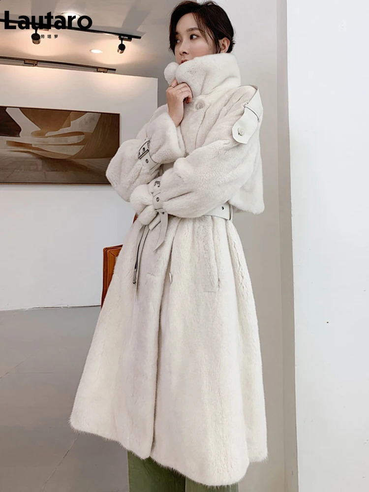 Lautaro Winter Long White Thick Warm Soft Fluffy Faux Mink Fur Trench Coat for Women Double Breasted British Style Fashion 250920