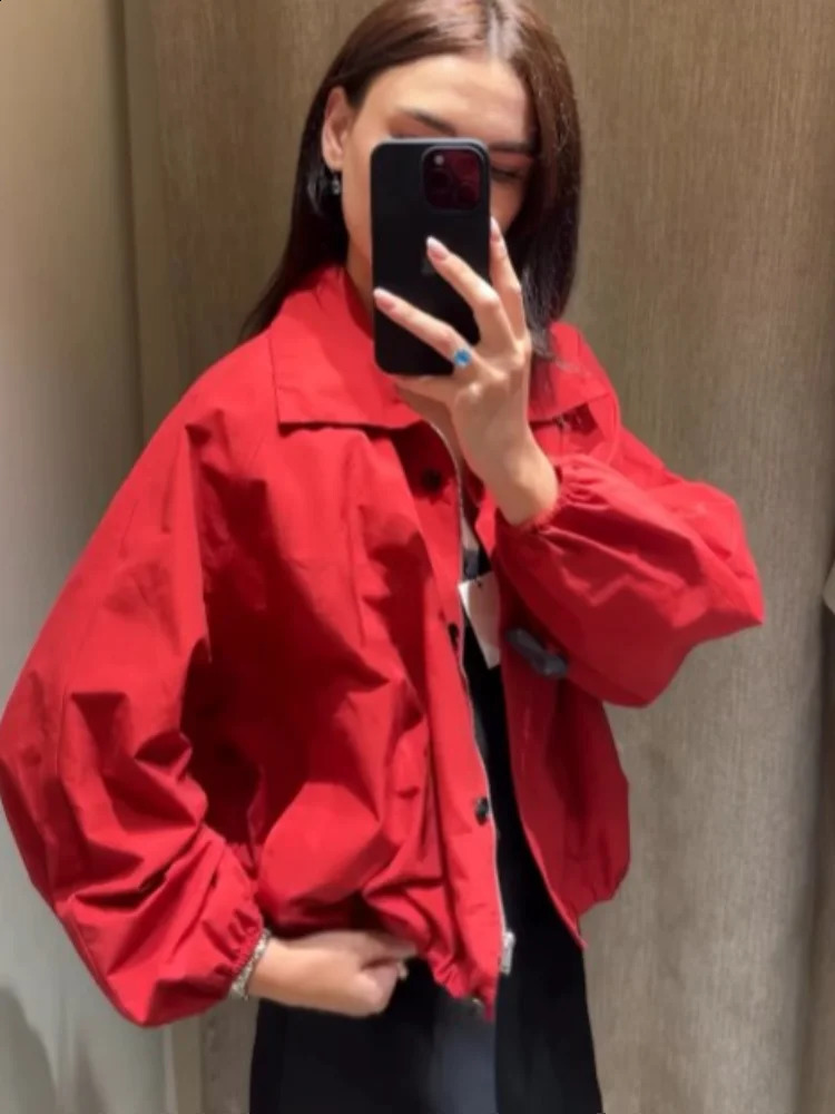 Chic Women Red Stand Outerwears Street Long Sleeve Zipper Pocket Bomber Short Coats 2025 Autumn Chic Ladies In Jackets 250920