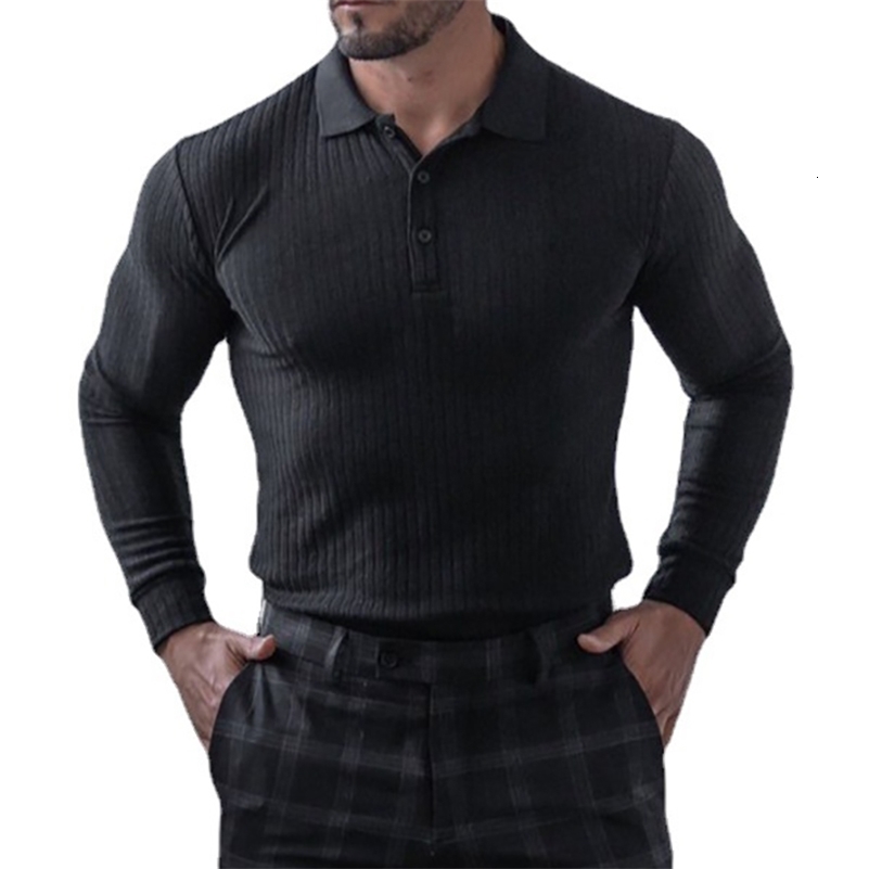 Polo à manches longues en tricot à manches longues Men de printemps Polos de gymnase Clothing Fitness Workout Skinny Tshirt Bodybuilding Tee Shir