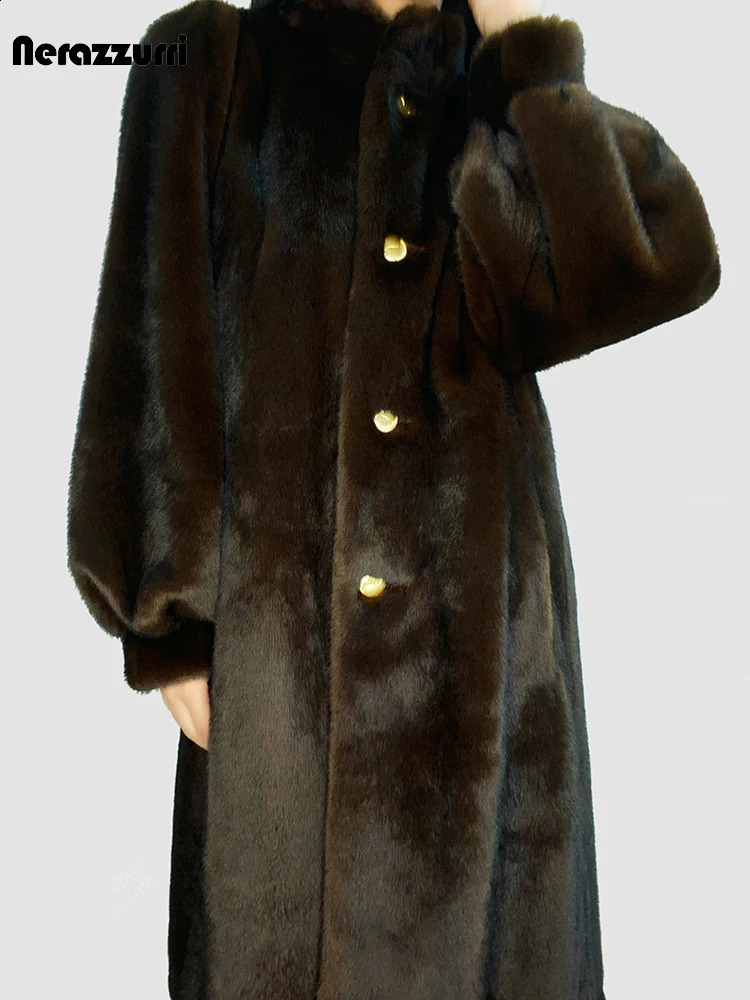Nerazzurri Winter Long Thick Warm Brown Soft Fluffy Faux Mink Fur Coat Women Puff Sleeve Button Elegant Chic Fur Overcoat 250920