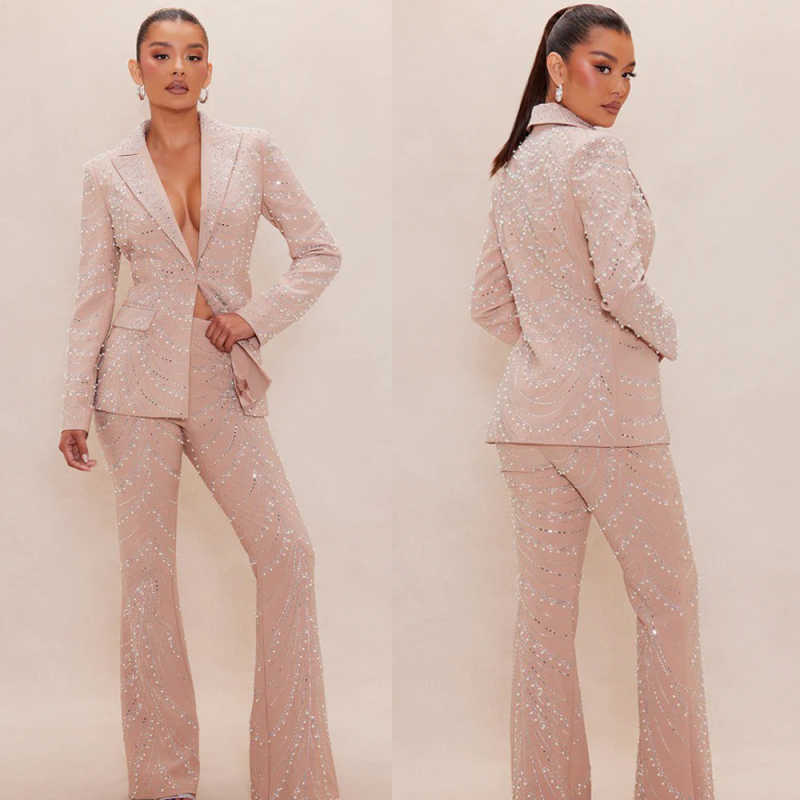 Luxurious Pearls 2 Pieces Suits For Women One Button Peaked Lapel Pants Sets Crystals Birthday Party Custom Made Outfits
