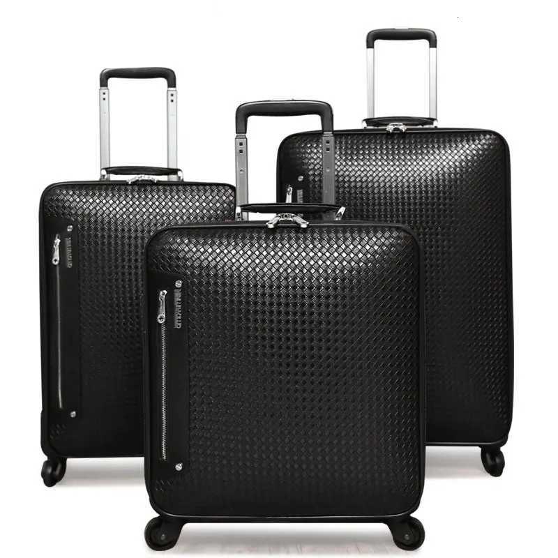 Genuine Leather Trolley Case 20 Inch Mens Business Boarding Suitcase Universal Wheel Luggage Bag 16 Inch Woven Pattern Leather W250920-image-1076021720