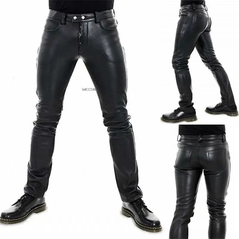Mens Leather Pants Solid Color PU Leather Motorcycle Pants Elastic Leisure Punk Style Slim Fit Full Length Trousers 250919