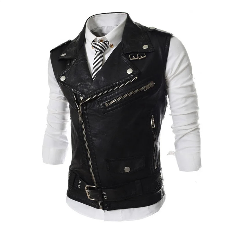 Mens PU Leather Vest Slimfit Multizipper Lapel Short Jacket Top Autumn Winter Sleeveless Punk 250920