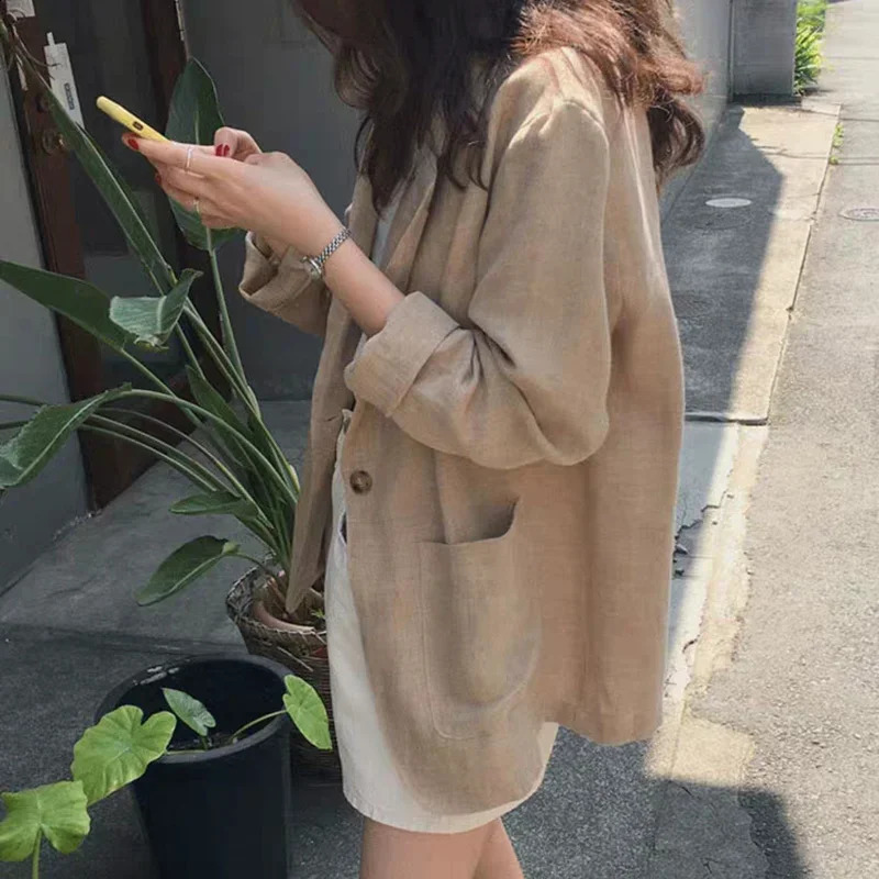 Korean Retro Cotton Linen Solid Blazer Summer Womens Notched Collar Clothing Single Breasted Casual Suit Jacket Women 250920