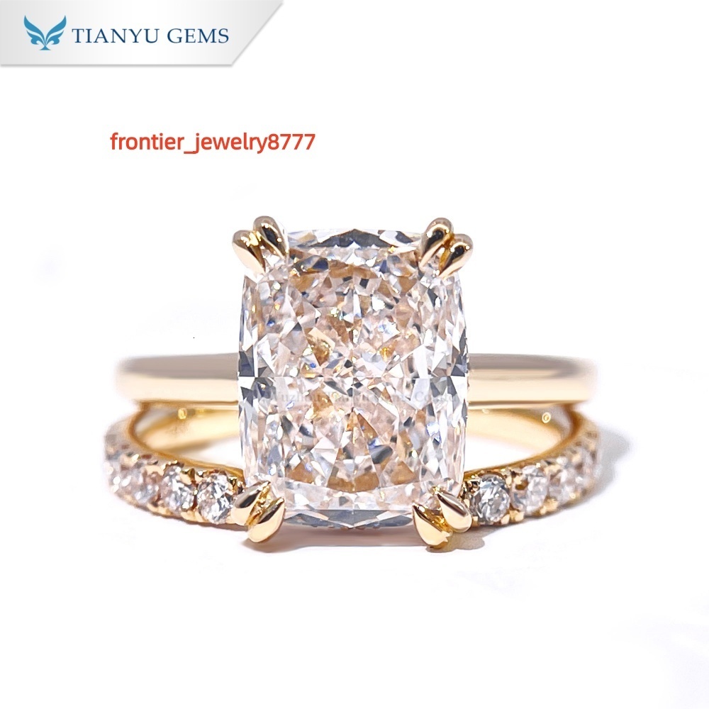 Tianyu Gems 10k 14k 18k Solid Yellow Gold Lab Diamond Cushion Cut DEF VVS1 Double Prongs Design Ring Set for Women