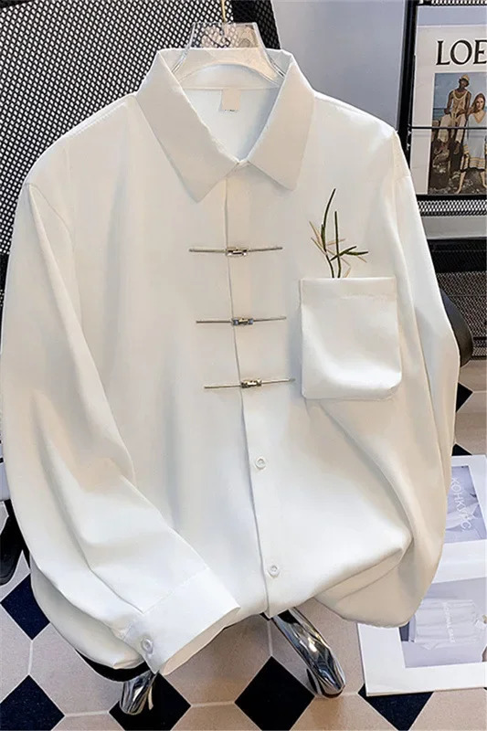 Highend Feel Chinese Style Casual Long Sleeve Shirt For Men Loose Fit Draped Metal Buckle Jacket 250919