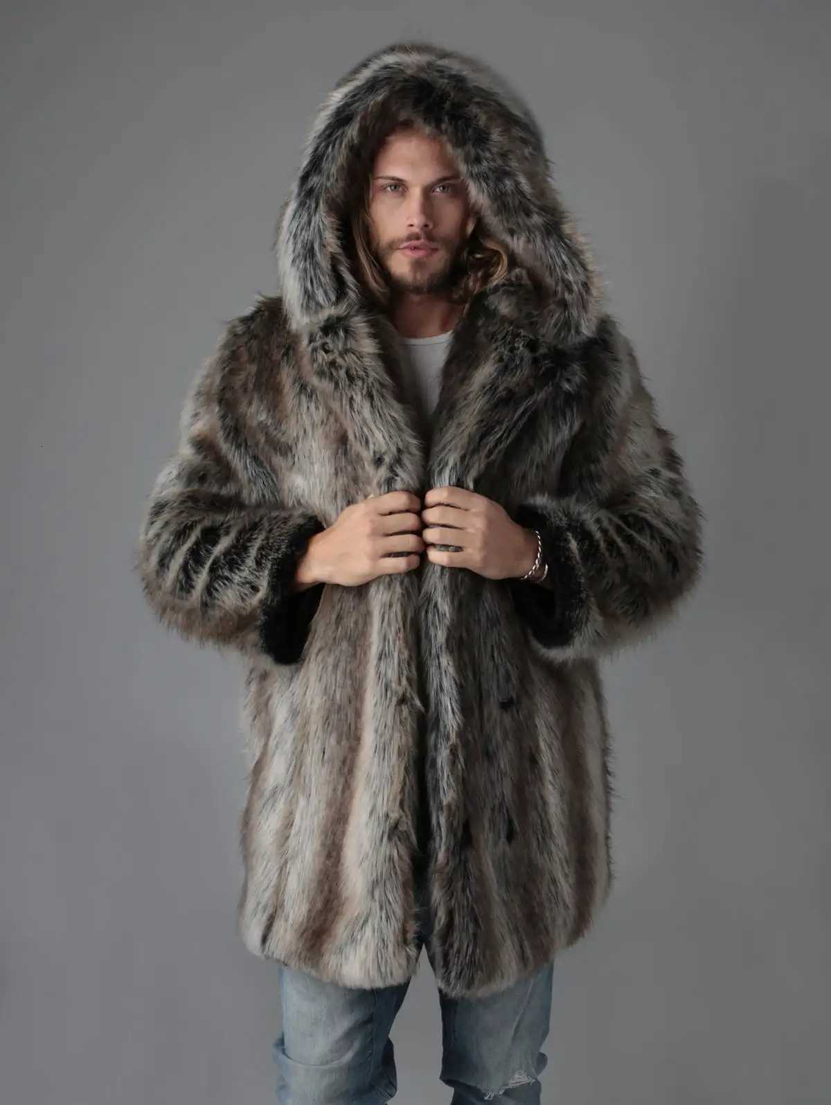 Hot Selling Mens Thick Hooded Personality Winter MidLength Coat High Quality Faux Fur CoatXJ250920