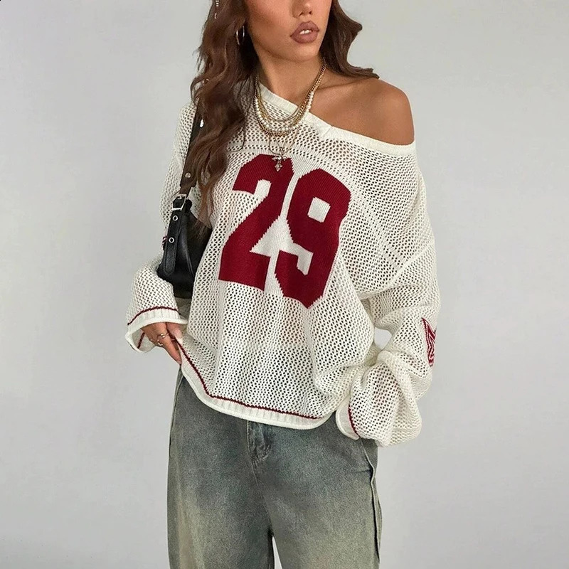 Y2K Sexy Mesh Hollow Out Treat Pullover Femmes Lettre de mode imprimement lâche Top Femme V Neck Long Streetwear Streetwear 250919