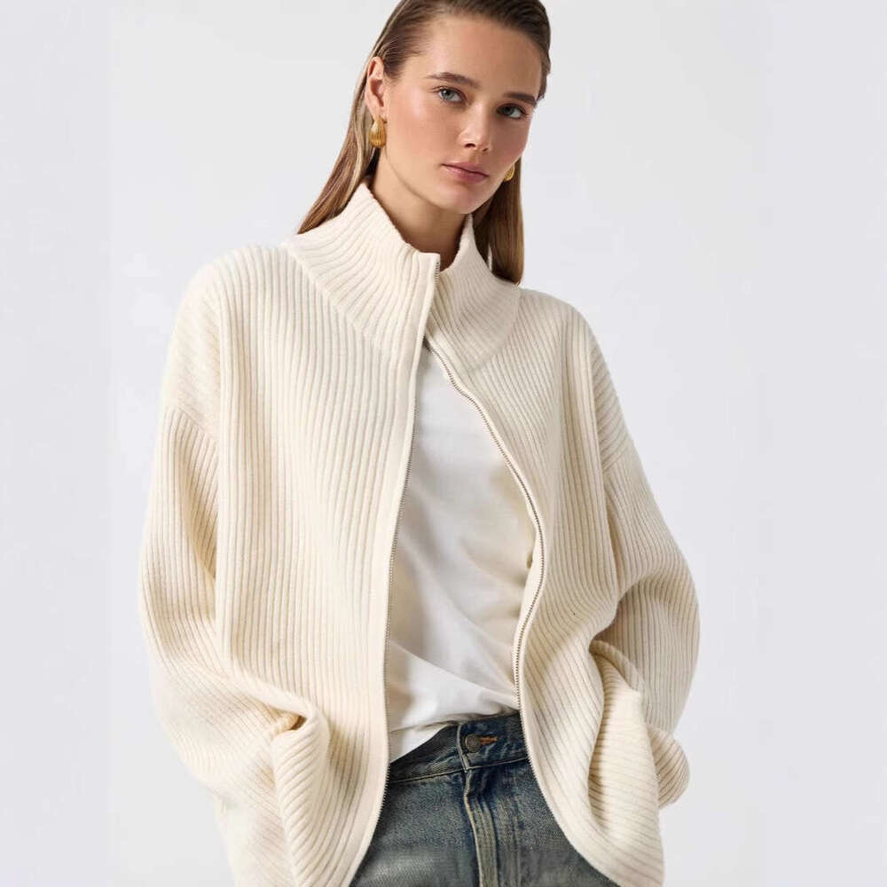 European and American Style New Russian Cross-Border Autumn Winter Half High Collar Zipper Cardigan Sweater Knitted Jacket
