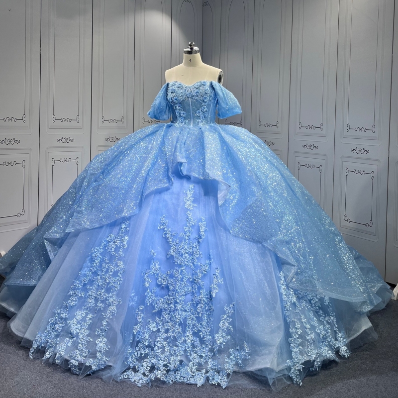 Bleu bleu brillant Quinceanera Robes hors de l'épaule Applique dentelle perle de la fête Tull anniversaire sweet 16 vestide vestide de 15 anos